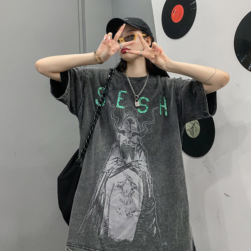 Distressed Retro Net Red T-Shirt Short Sleeve