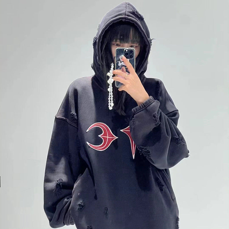 Heavy Washed And Worn Destroyed Casual Hooded Sweater