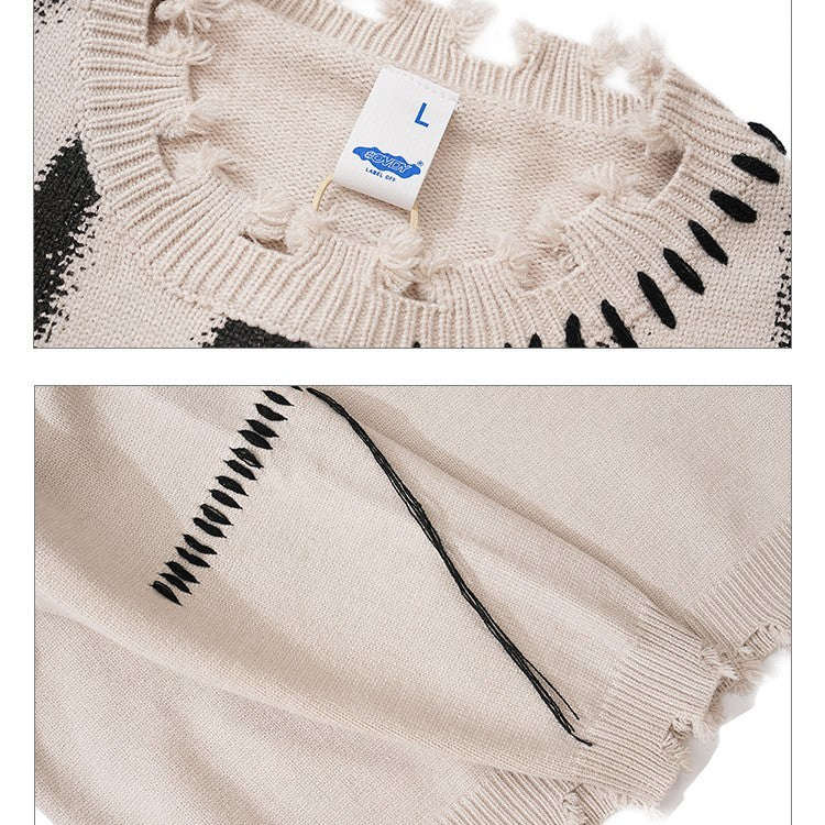 Maglia girocollo in lana stampata con frange e colletto