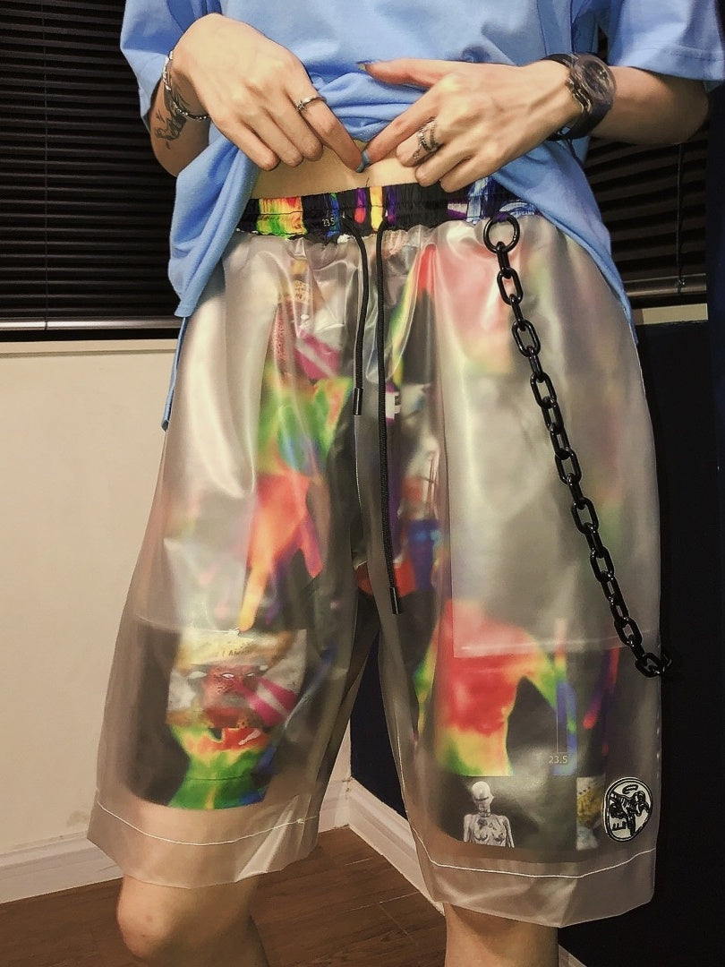 stitching transparent fake two shorts hip hop handsome wide leg five pants