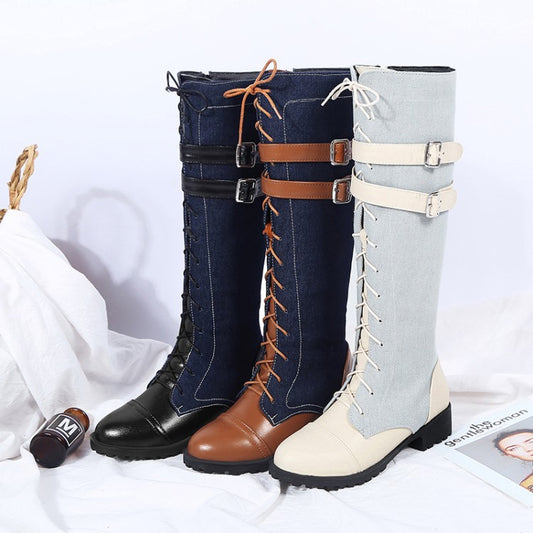 But the knee thick heel low heel denim high boots women