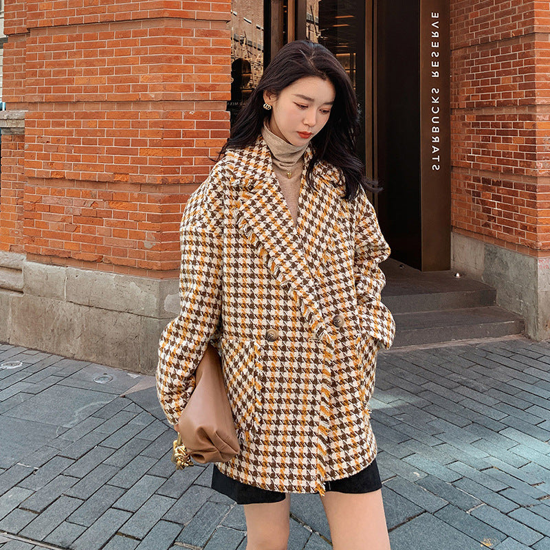 Houndstooth Women's Casual Suit Woolen Coat