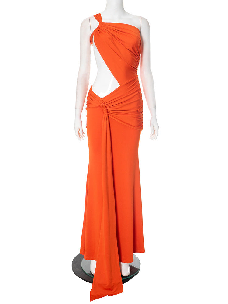 Robe plissée à bandes latérales irrégulières de couleur unie
