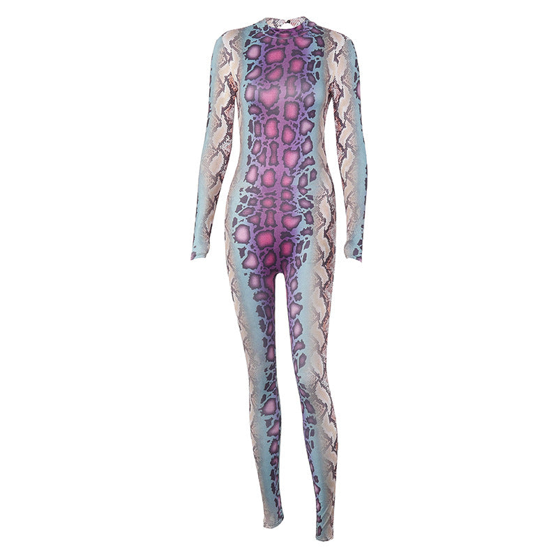 Fashion Snake Pattern Long Sleeve Tight Jumpsuit