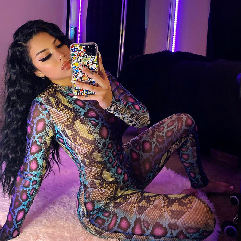 Fashion Snake Pattern Long Sleeve Tight Jumpsuit