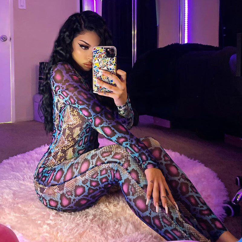 Fashion Snake Pattern Long Sleeve Tight Jumpsuit