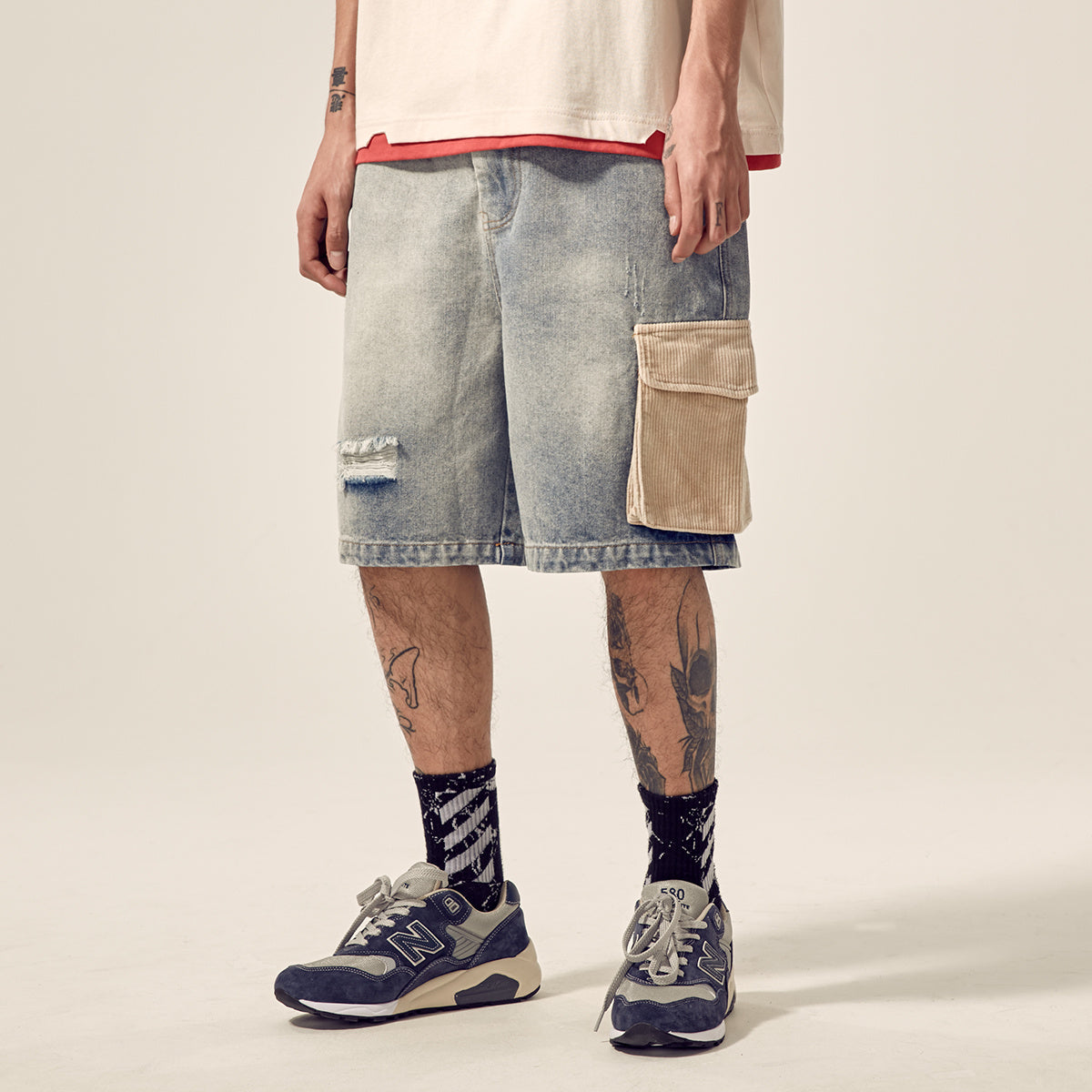 Distressed stitching loose denim shorts