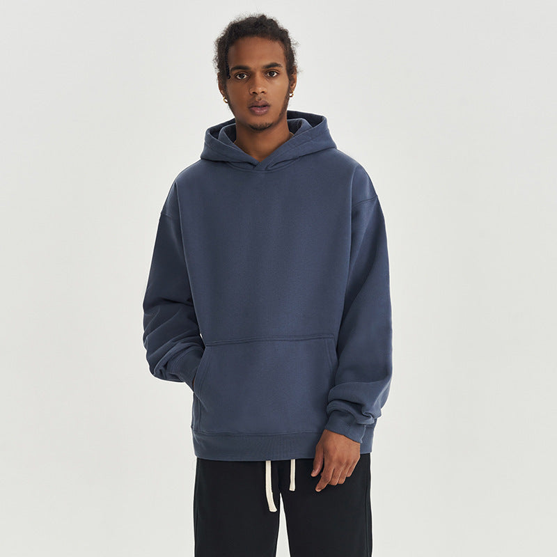 Fleece-lined Hooded Solid Color Loose Thick Trendy Brand Men