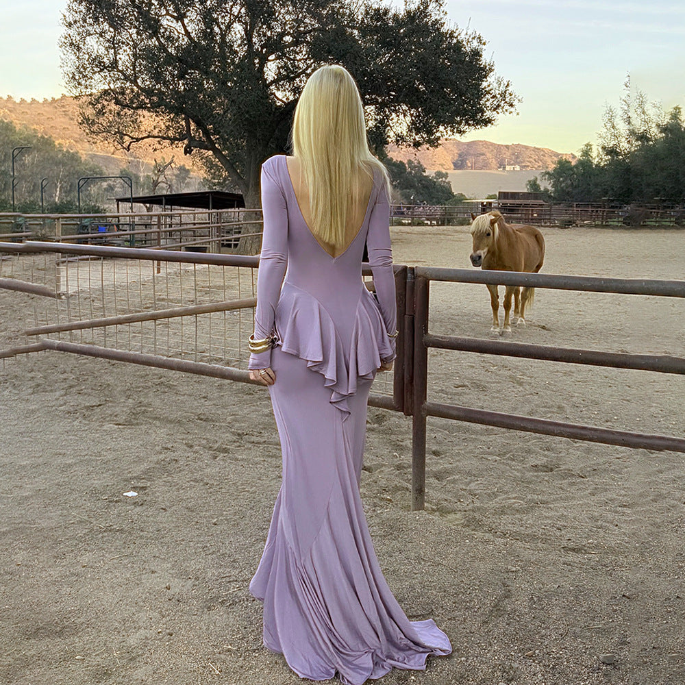 Backless Women Elegant Ruffles Slim Fit Dress