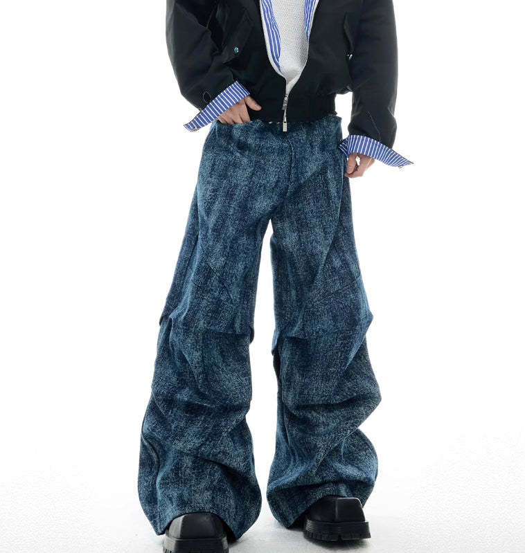 Niche Pleated Texture Straight Loose Jeans Stitching Trousers