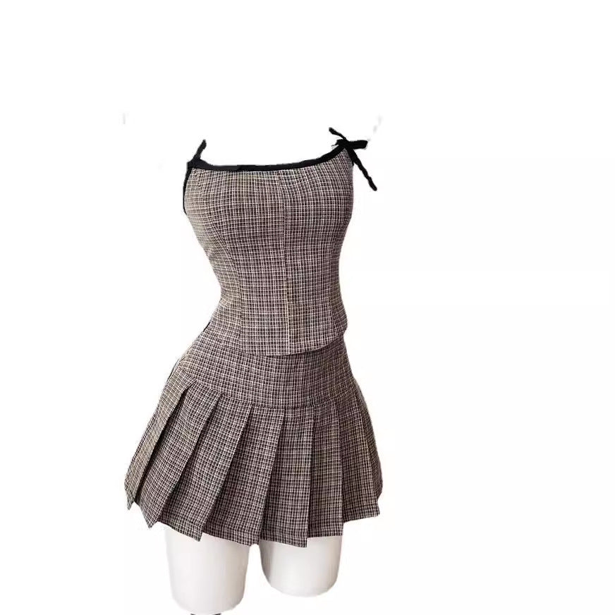 Bow Plaid Contrast Color Slim Fit Slip Dress Suit