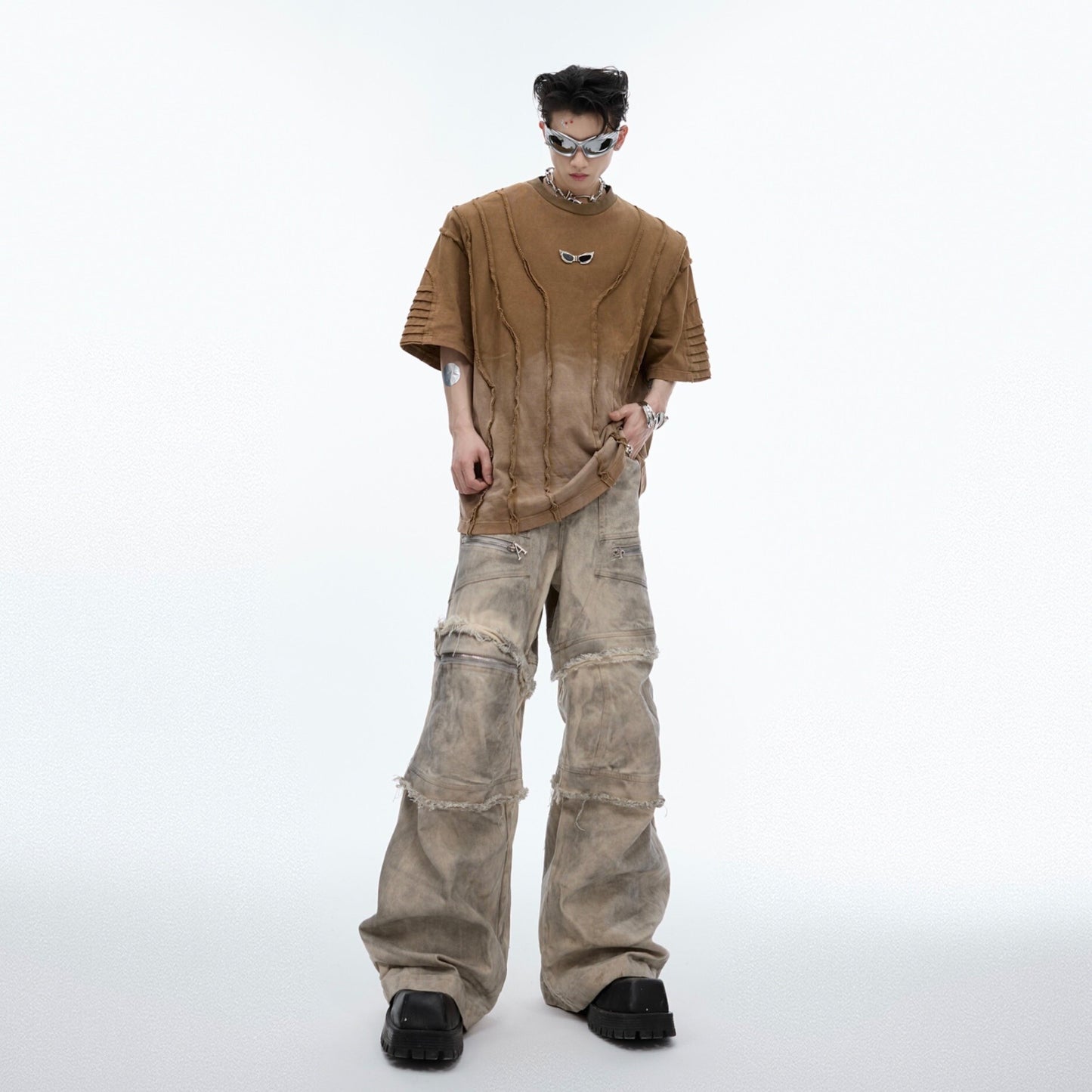 Pantalon décontracté effiloché style rétro