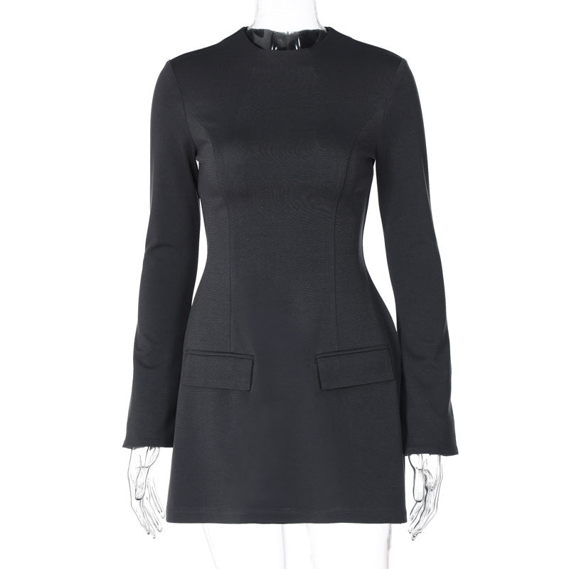 Long Sleeve Dress Sexy Waist Trimming Versatile Slimming Skirt With Zipper Trendy