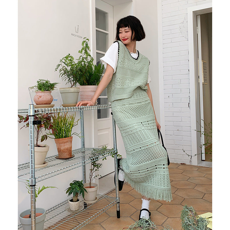 Fashion Tassel Weave Art Solid Color Sleeveless Vest Two-Piece Set