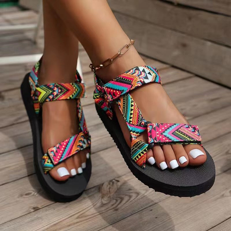 Summer New Thick Bottom Color Matching Velcro European And American Famous Ethnic Style Beach Sandals