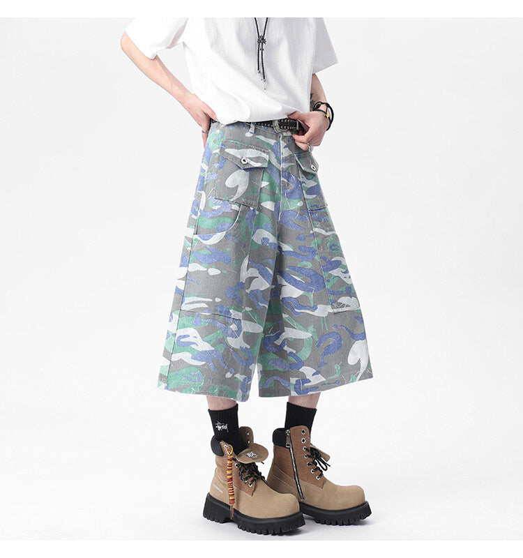 Pantalon court en denim américain avec poches et camouflage