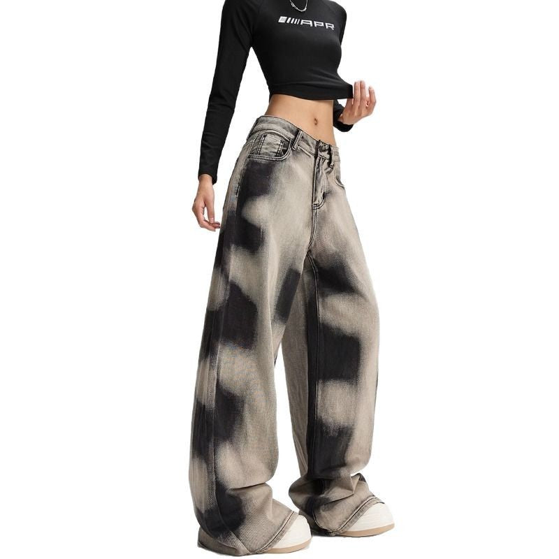 Pantalons pour femmes Design Sense Niche Street Vibe Rétro Loose Tie-dye Jeans à jambes larges