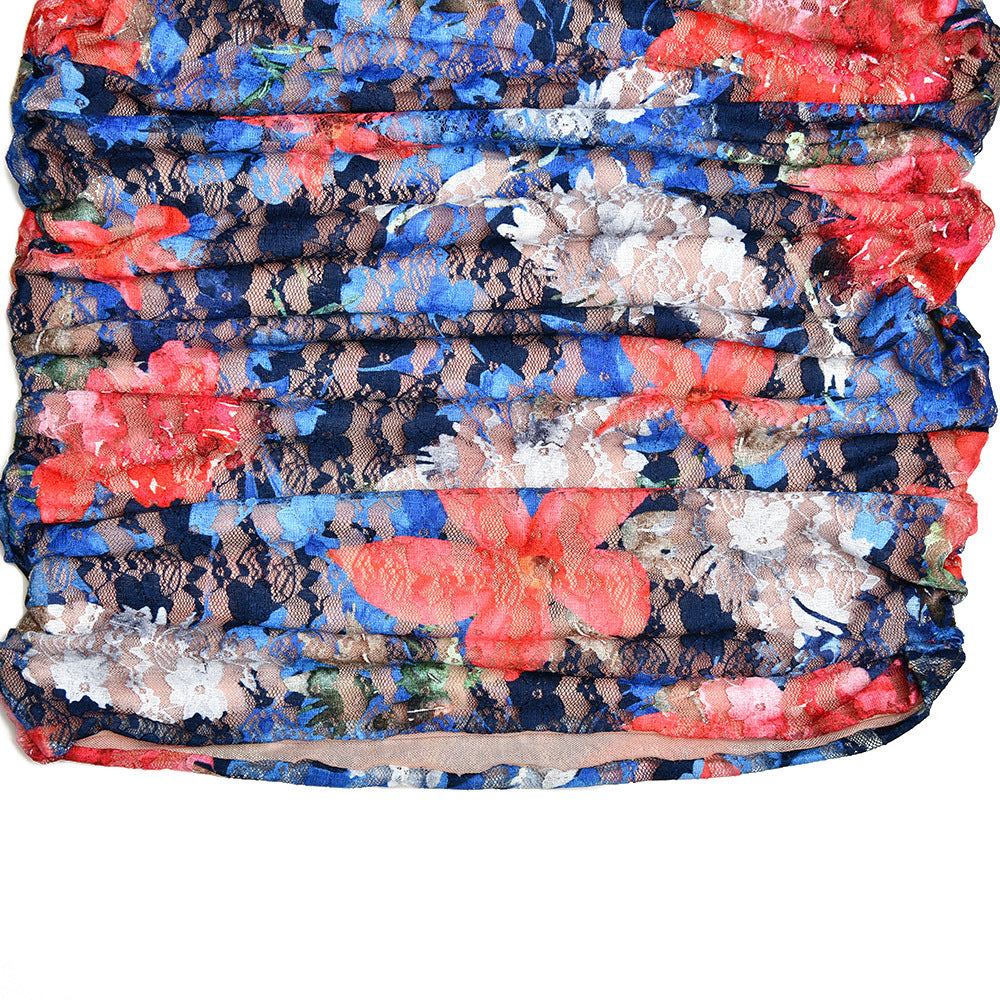 Fashion Printed Sling Backless Pleated Dress Suit