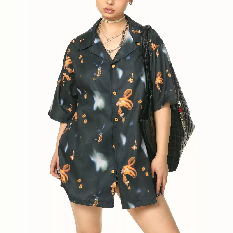 Chemise à manches courtes à imprimé vintage, ample et décontractée