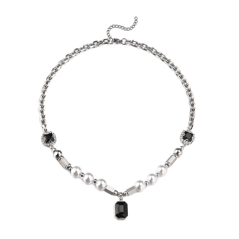 Street Hip Hop Pearl Black Gem Necklace