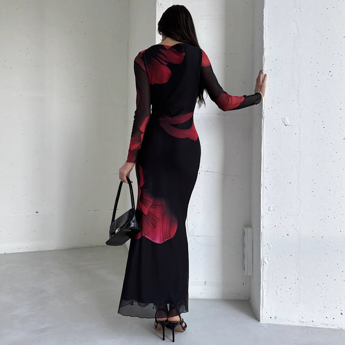 Mesh-printed Waist-cinching Figure-flattering Knit Long-sleeve Dress With Lining
