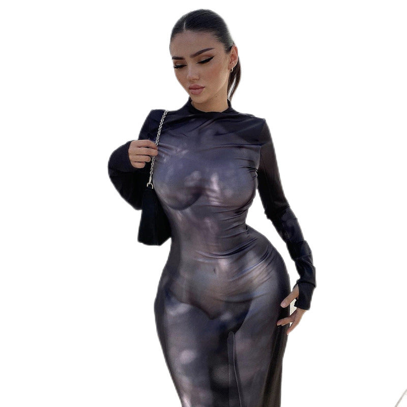 Fashion 3D Body Print Round Neck Long Sleeve Slim Hip Bag Dress