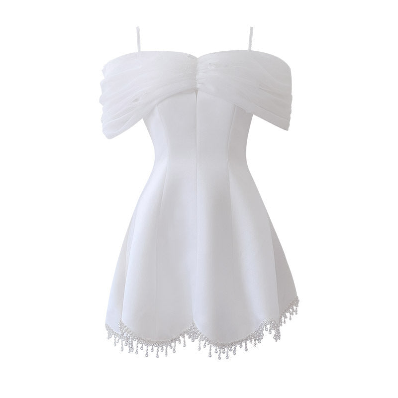 Three-dimensional Flower Mesh Pleating Sleeve Sling Light Luxury Dress