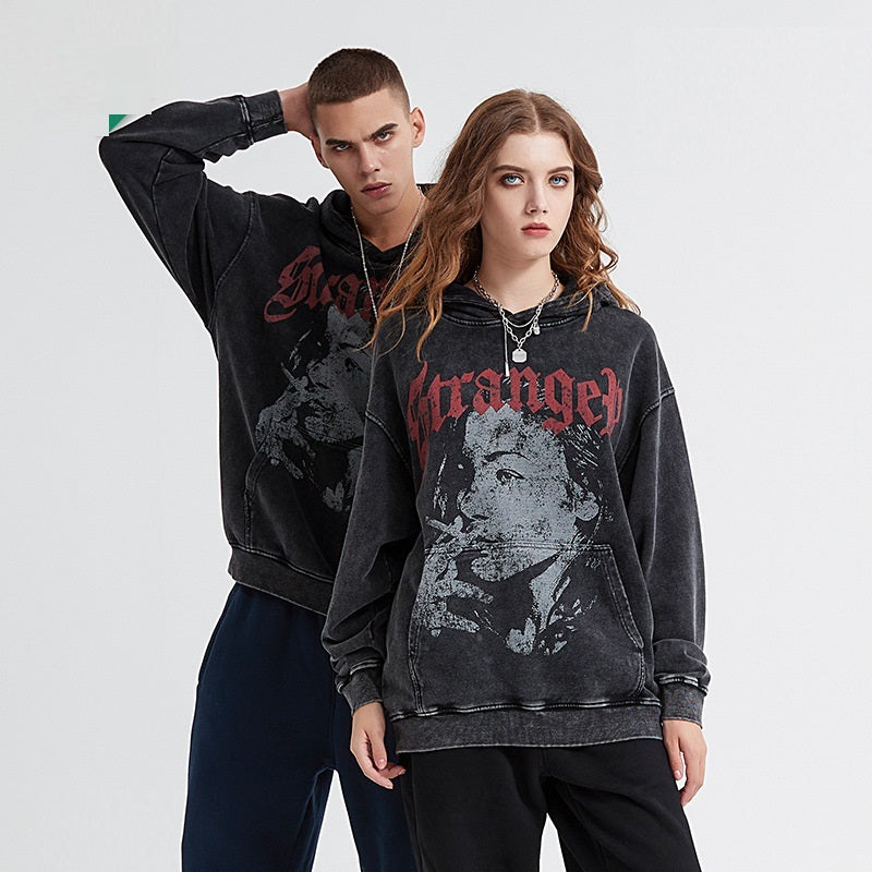 Snowflake Frayed Pullover Cotton Print Hoodie