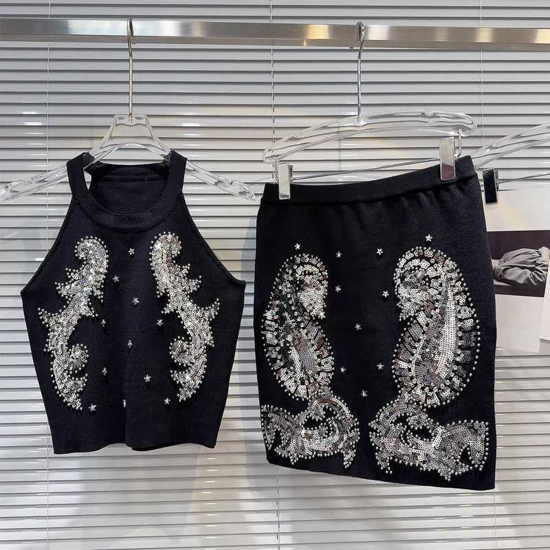 Niche Gaoding Silver Paillette Embroidered Knitted Vest Hip Skirt Suit
