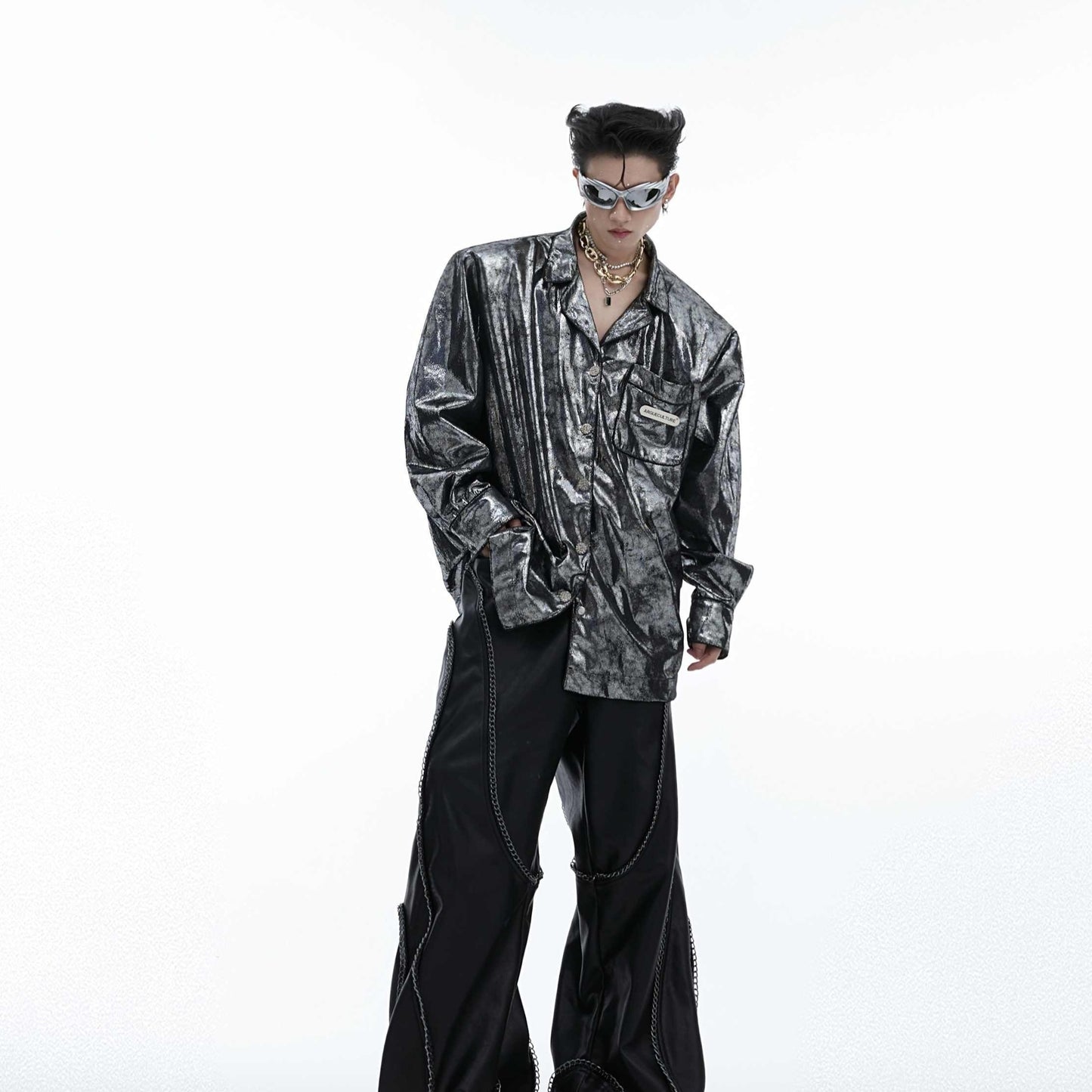 Liquid Silver Texture Padded Shoulder Shirt Loose Thin Coat