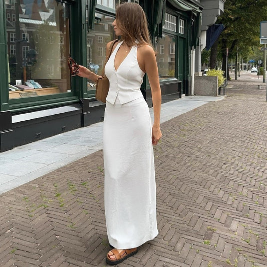 Fashion Two-piece Suit V-neck Halter Strap Top Low Waist Slit Skirt