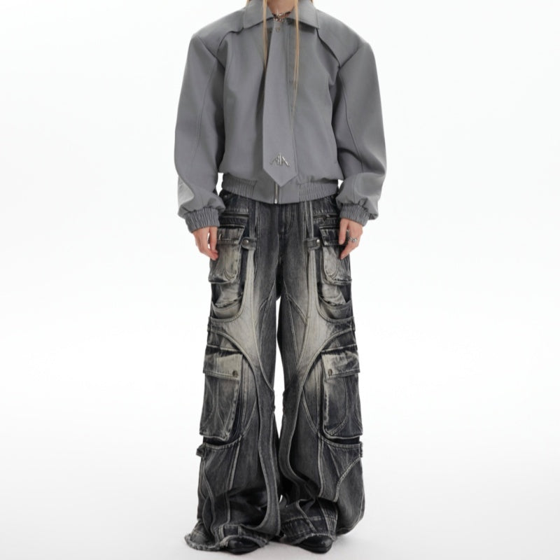 Worn Looking Washed-out Wide Leg Jeans Ribbon Winding Loose Multi-pocket