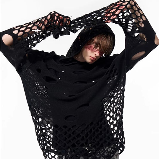 Hollow Hooded Sweater Men's Spring Pearl Decorative Black Hoodie