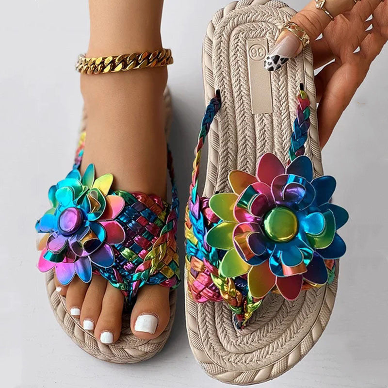 Fashion Casual Shoes Flat Holiday Woven Printed Beach Flip Flops