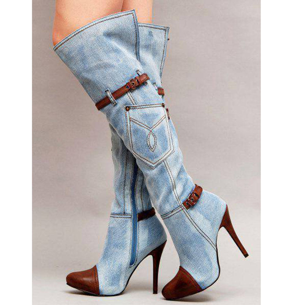 Denim Plus Size Boots Stitching High Heel Knee-high Boots