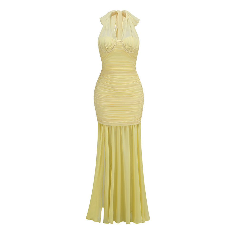 Pure Color Halter Mesh Stitching Dress Slit Dress