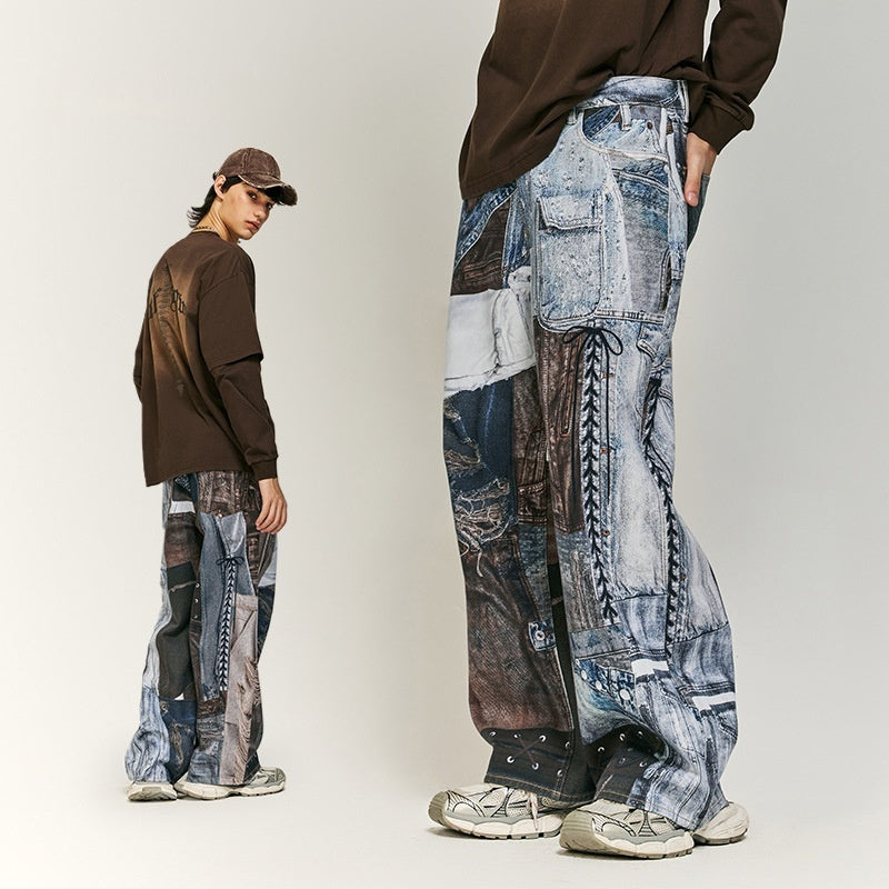 Vintage Patchwork Digital Printing Jeans American Street