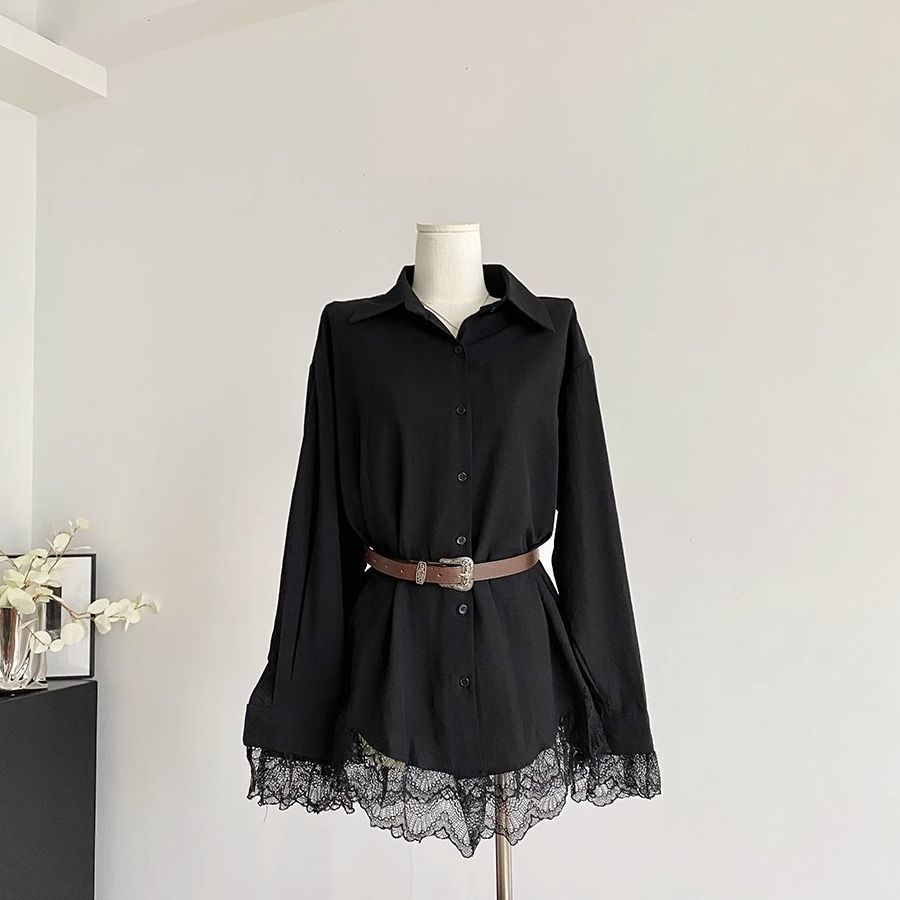 Lace Slimming Patchwork Versatile Shirt Dress With Belt