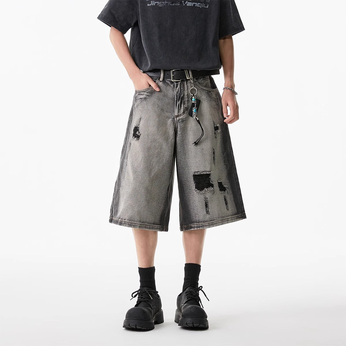 High Street Water Washed Hole Denim Shorts