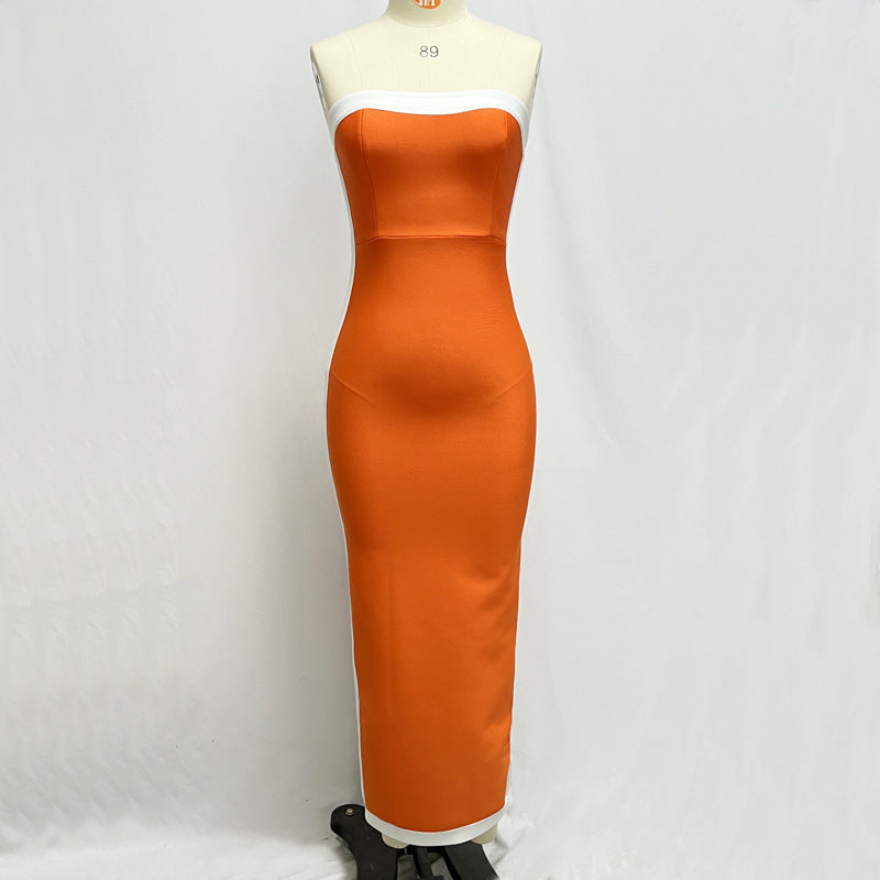 Robe une pièce simple et tendance, sans bretelles, à bandes, longue