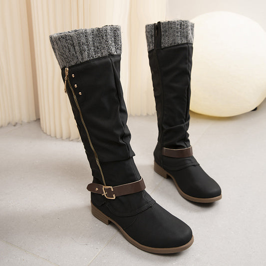 Bottes longues tube grande taille pour femmes, talon épais, fermeture éclair latérale, coutures en laine