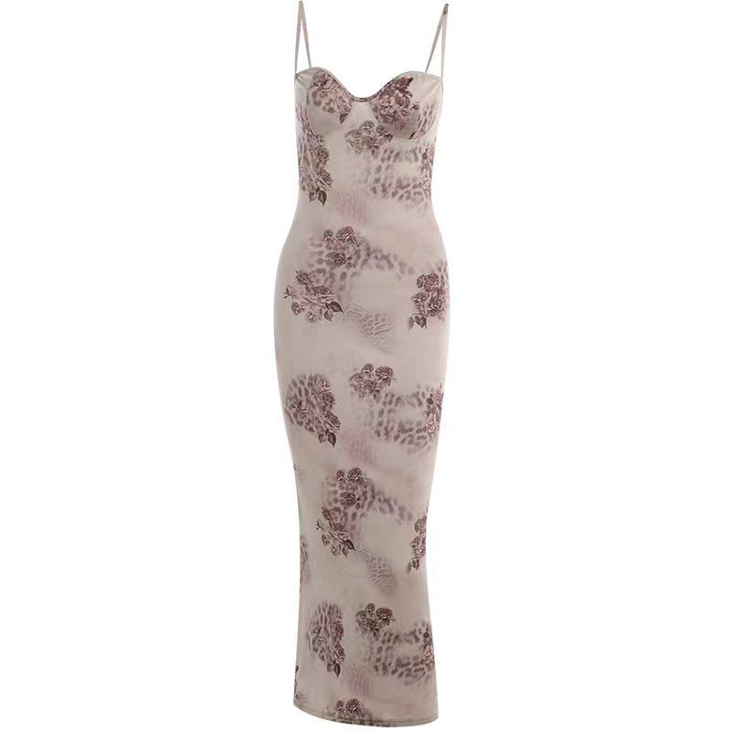 Slim-fit Floral Print Dress With Suspenders