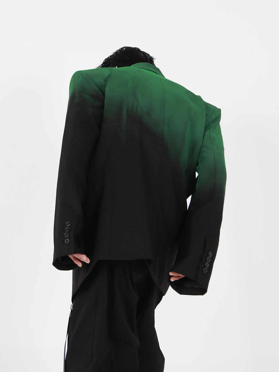 Veste de costume Niche noire verte dégradée, rembourrée, profil d'épaule, ample, design avancé, neutre