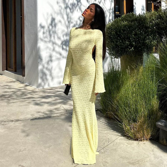 Backless Solid Color Flared Long Sleeve Round-neck Long Dress