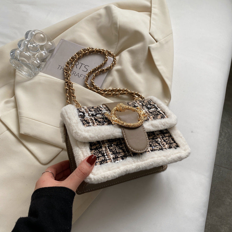 Woolen Fashion Chain Shoulder Bag Retro Plush Stitching