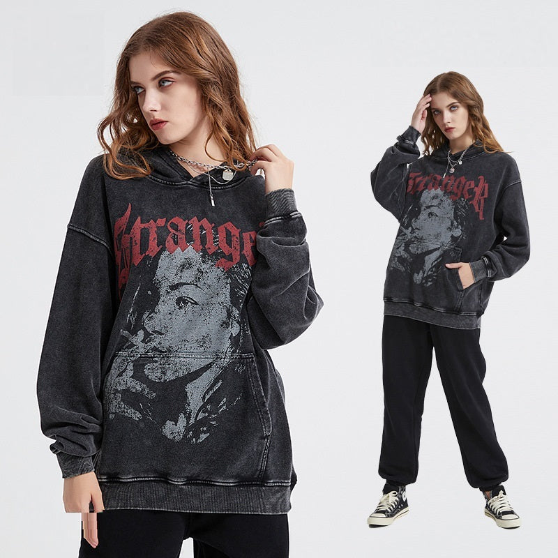 Snowflake Frayed Pullover Cotton Print Hoodie