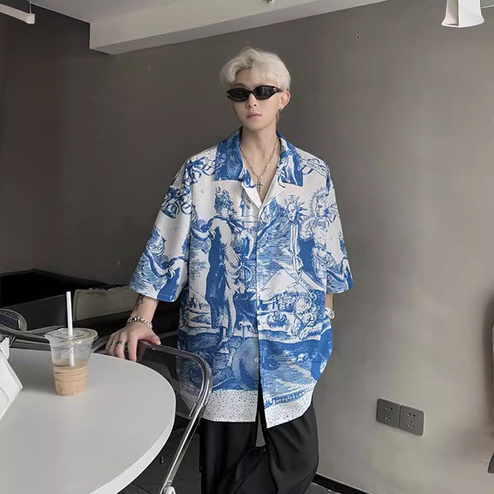 Chemise en soie glacée imprimée en relief style vacances Cuba avec nœud papillon américain