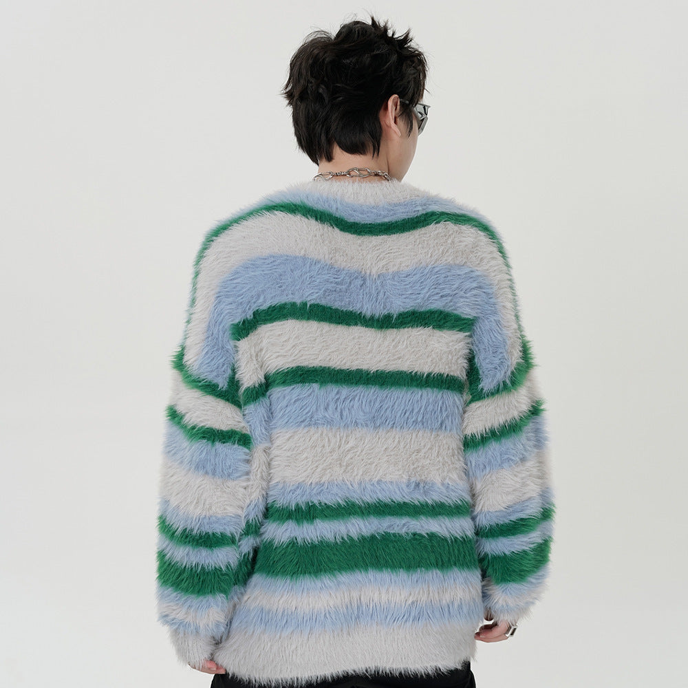 Striped Mink-like Round Neck Sweater For Men