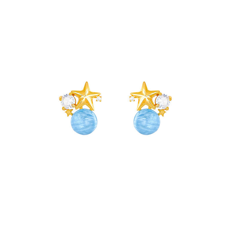 Starfish Blue Beads Zircon Stud Earrings For Women Simple And Compact