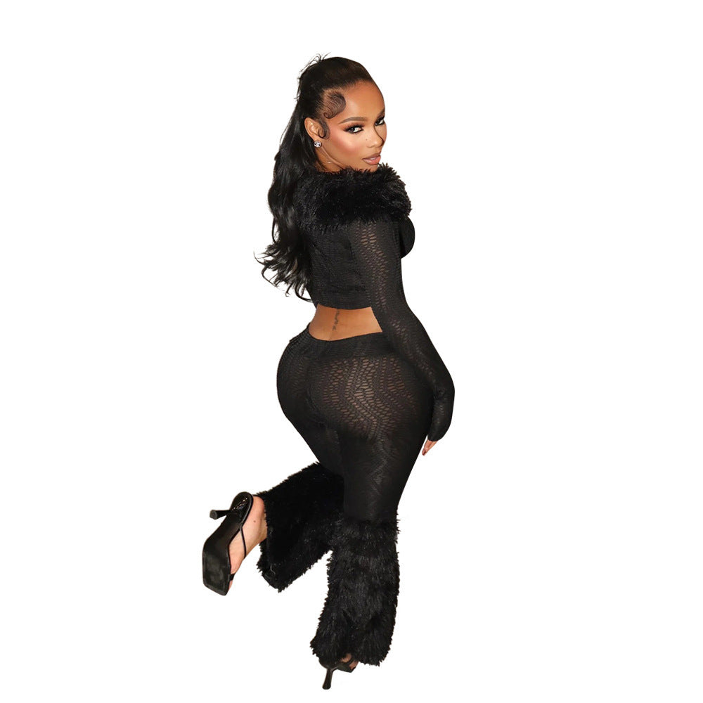 Long-sleeved Off-shoulder Top Slim-fit Trousers Furry Two-piece Set